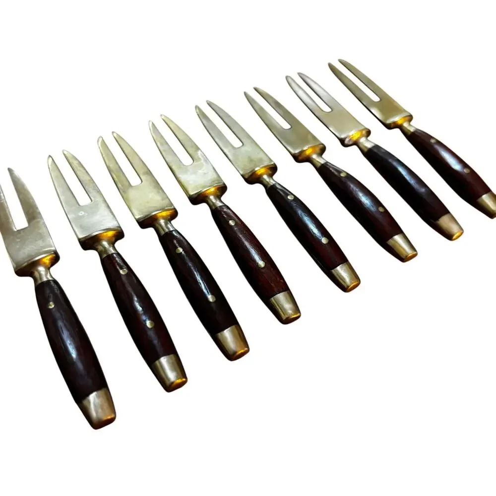 Vintage mid century cocktail forks teak wood & brass set of 8 tiki party supply